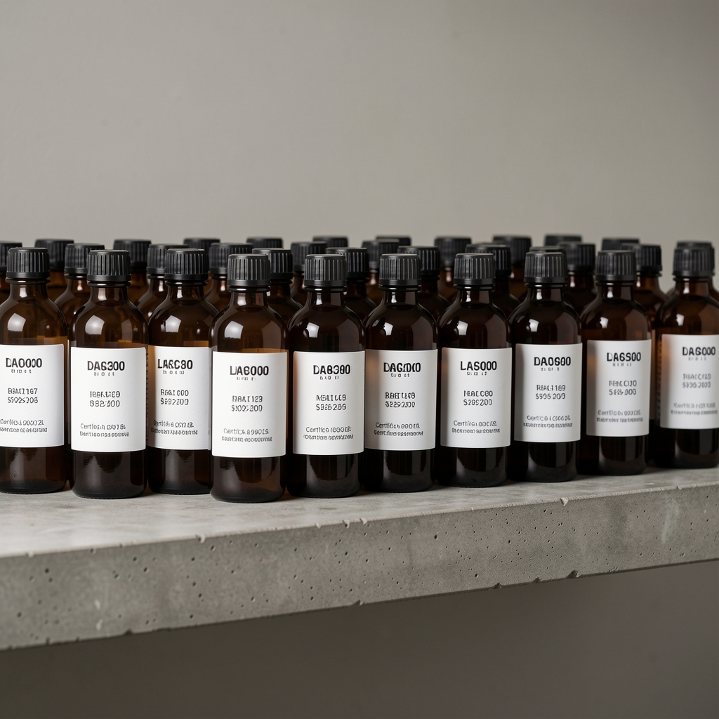 Rows of dark amber glass supplement bottles on a polished concrete shelf, each bearing a batch code label and certificate number, under studio lighting