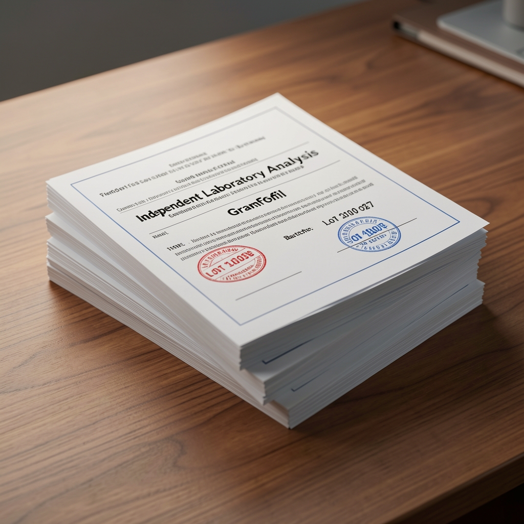 Stack of printed independent laboratory analysis certificates for Granofil supplement batches, each stamped with a lot number, arranged on a wooden desk under controlled lighting