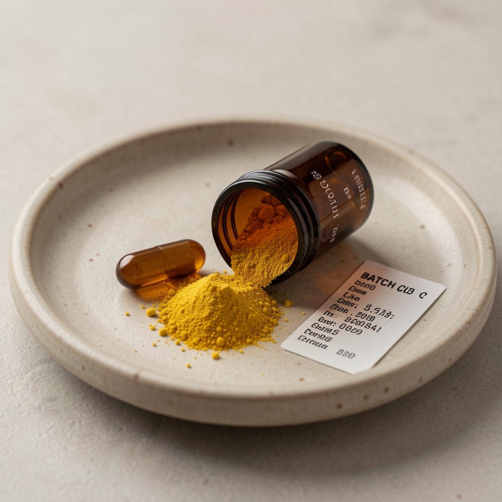 Open dark amber supplement capsule split to reveal fine yellow mineral powder on a ceramic plate next to a batch code label and quality documentation