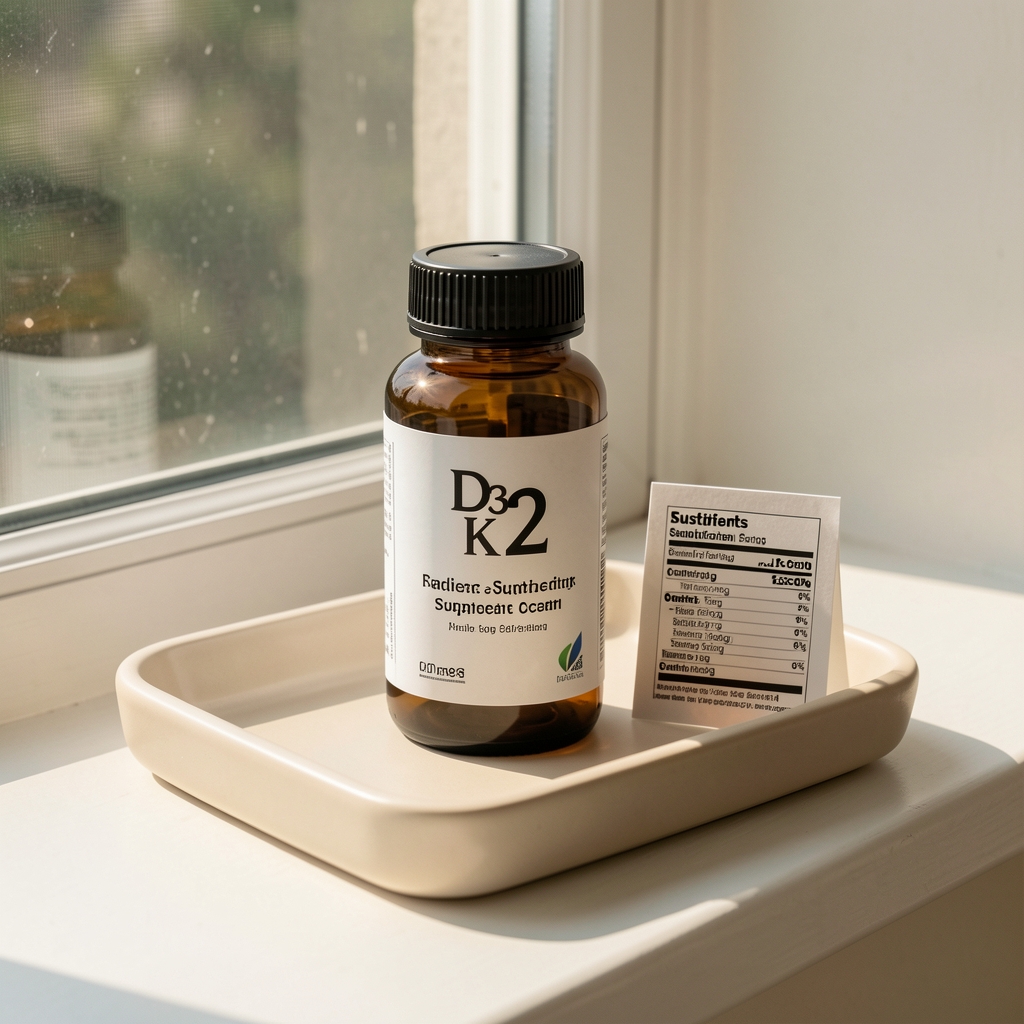 Granofil Vitamin D3 K2 supplement bottle placed on a sun-lit windowsill with a cream ceramic tray and a small printed nutritional analysis card